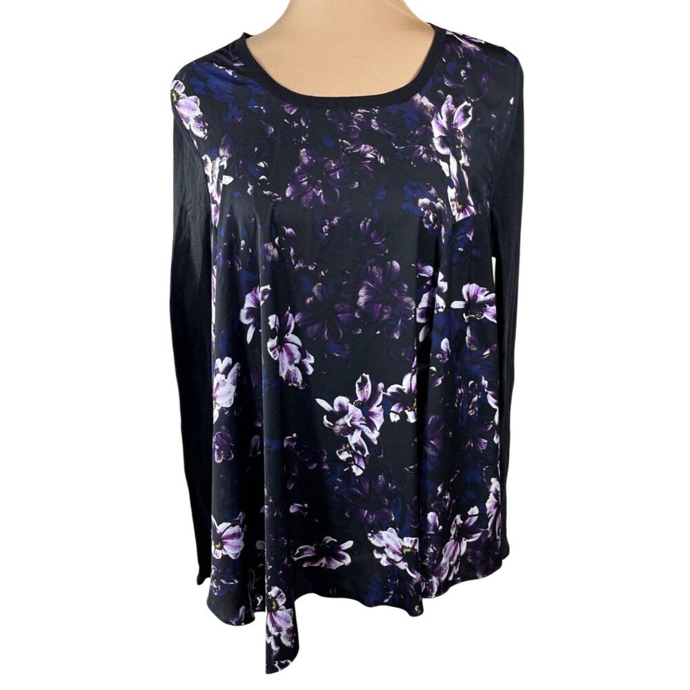 Simply Vera Multi Media Top Black Purple Floral Size L Large Ribbed Sleeve